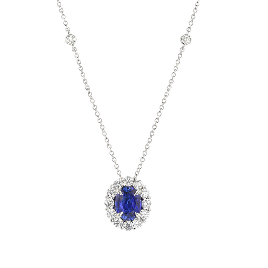 Halo Oval Shaped Blue Sapphire Drop Pendant