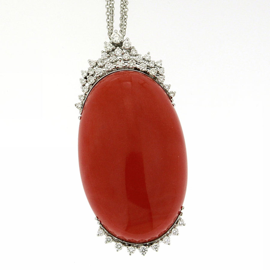 Coral and Diamond Pendant on Triple Chain Necklace