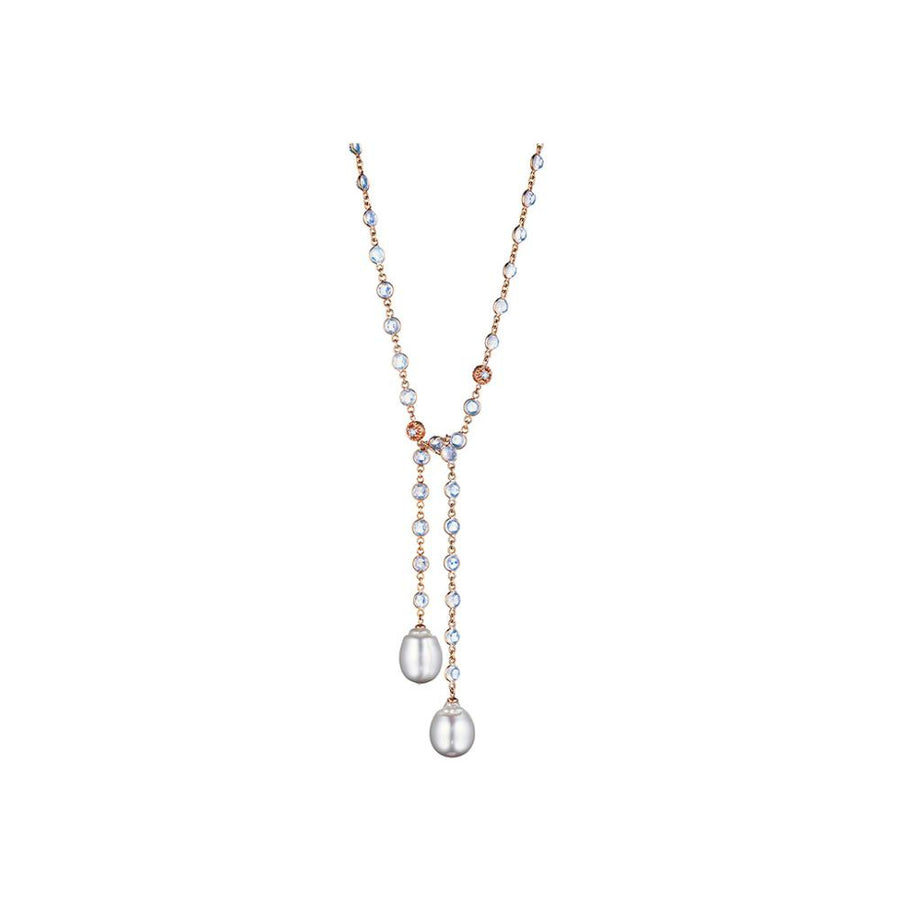 Diamond and Moonstone Lariat Eyeglass Necklace with South Sea Pearl