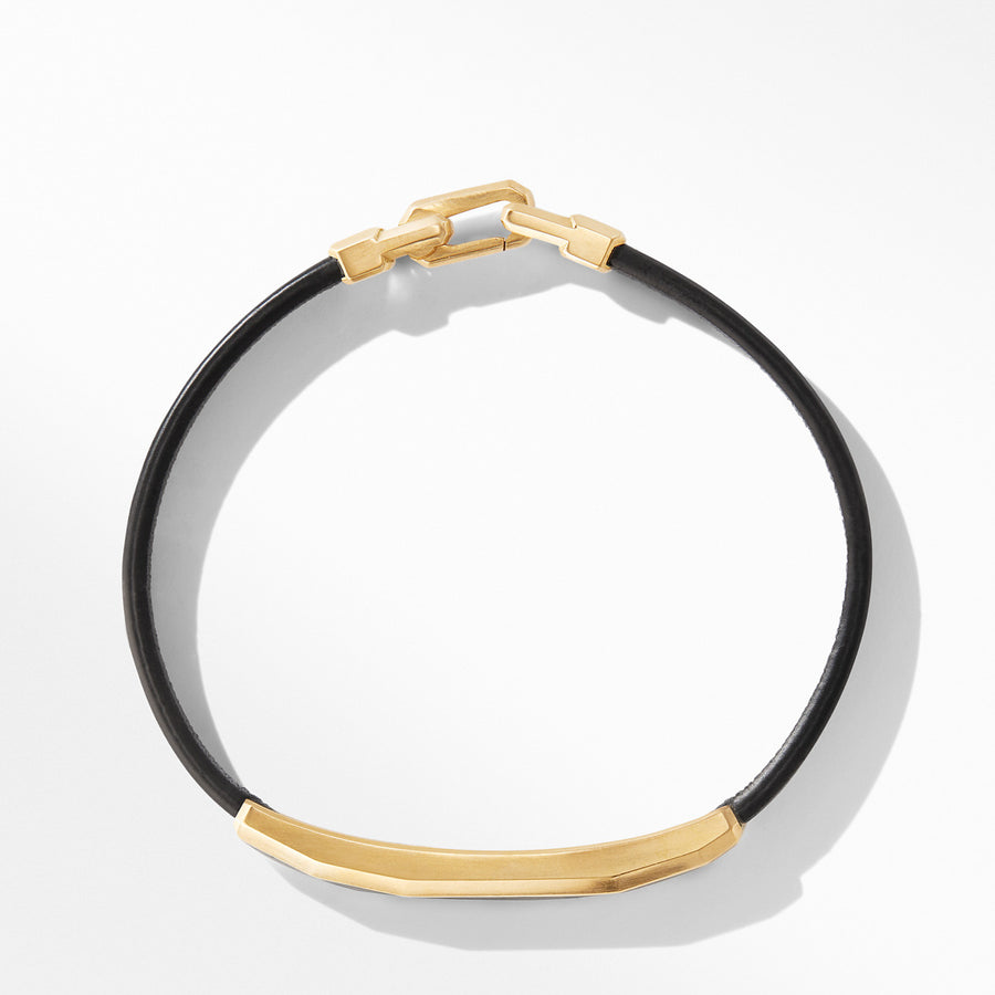 Faceted ID Black Leather Bracelet with Meteorite and 18K Yellow Gold