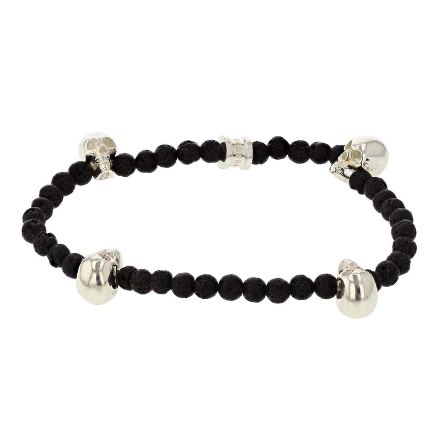 Black Lava Bead Stretch Bracelet with Silver Skulls