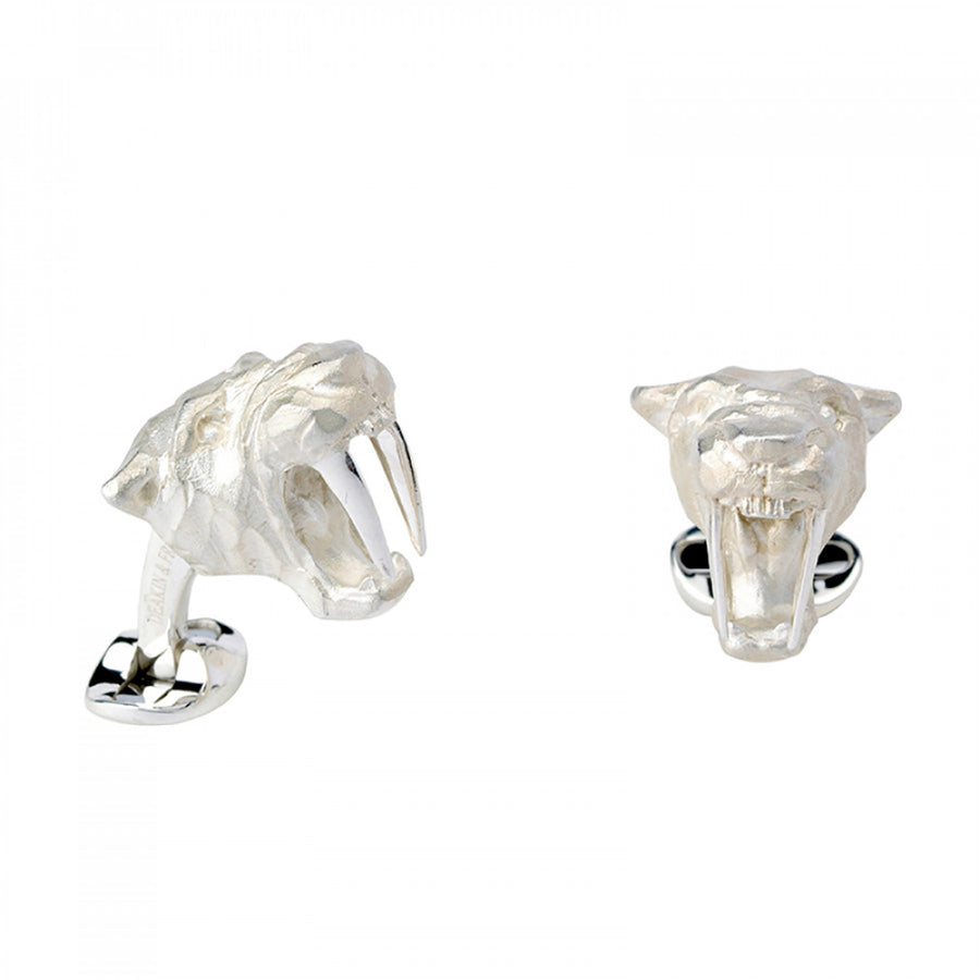 Sterling Silver Saber-Tooth Tiger Cufflinks with Diamond Eyes