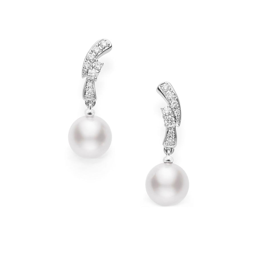 Akoya Pearl and Diamond Dangle Earrings in 18K White Gold