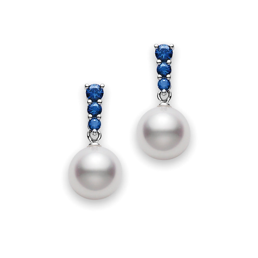 Akoya Cultured Pearl Earrings with Blue Sapphire