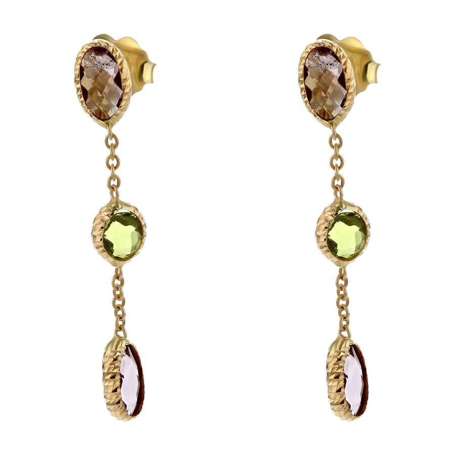 18K Peridot and Amethyst 3-Stone Dangle Earrings