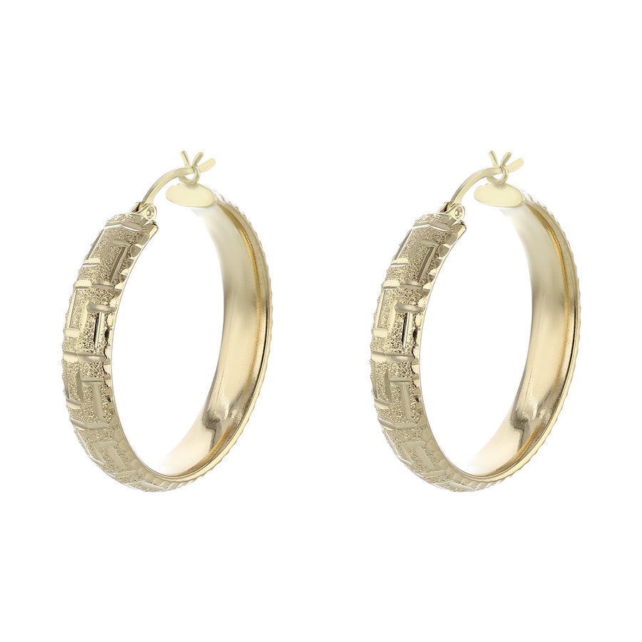 14K Gold Textured Greek Key Hoop Earrings