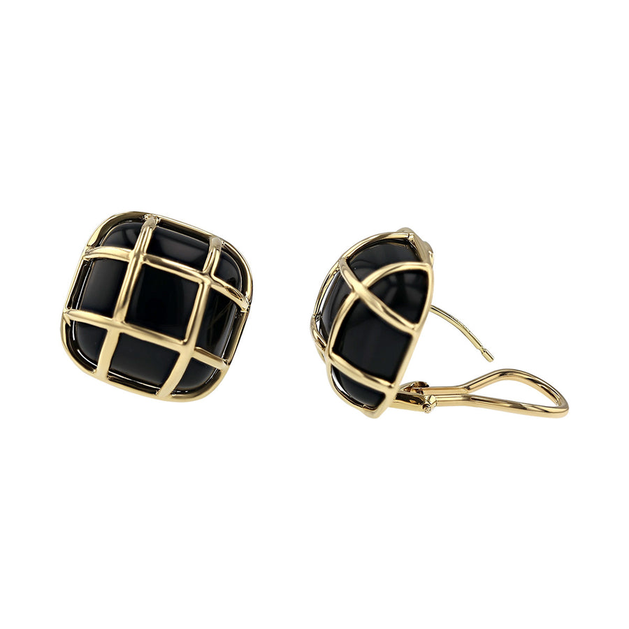 14K Gold Black Onyx Lattice Button Earrings