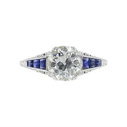 Platinum European-Cut Diamond and Sapphire Ring