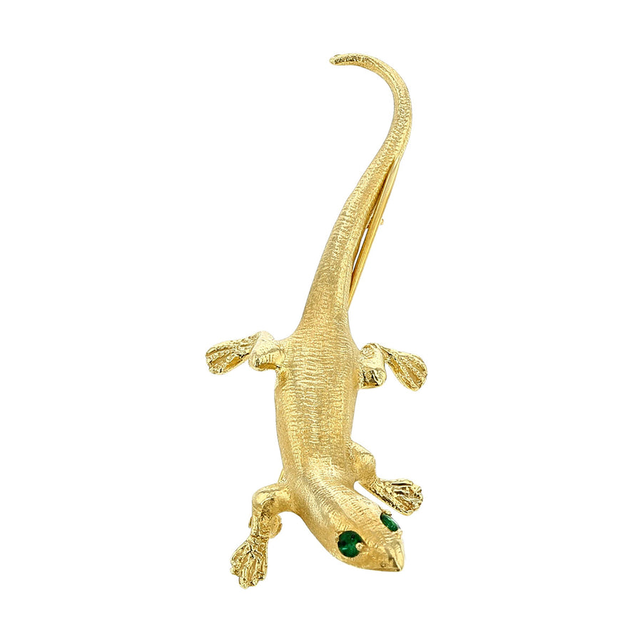 14K Yellow Gold Gecko Pin with Emerald Eyes