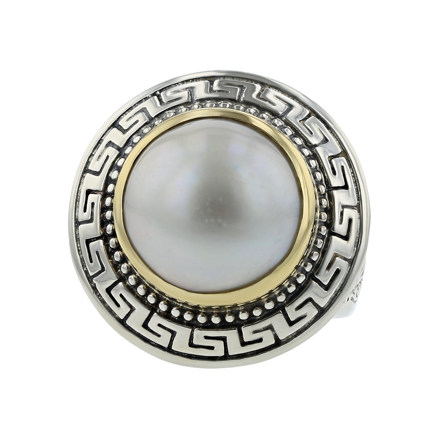 Konstantino Pearl Greek Key Silver Gold Ring
