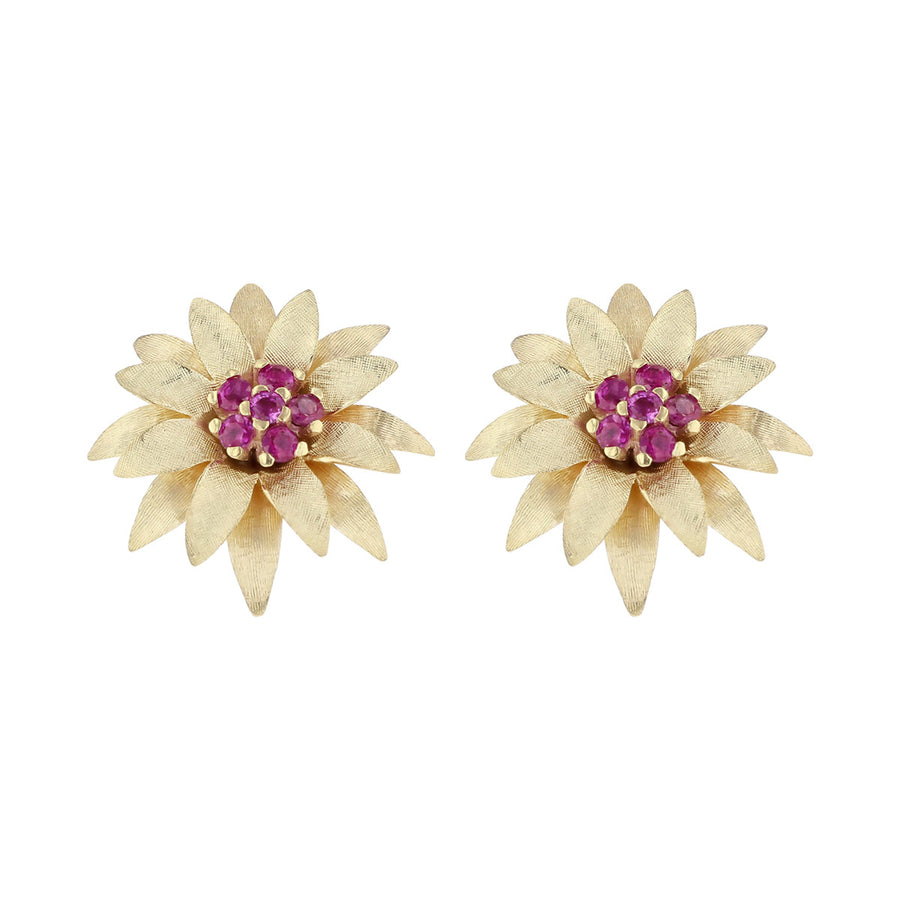 14K Yellow Gold Ruby Flower Stud Earrings