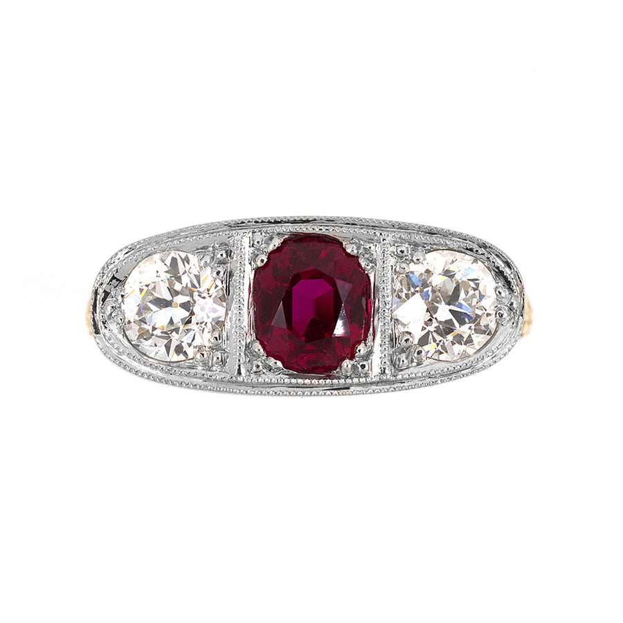 Art Deco Platinum and Gold Burma Ruby and Diamond Ring
