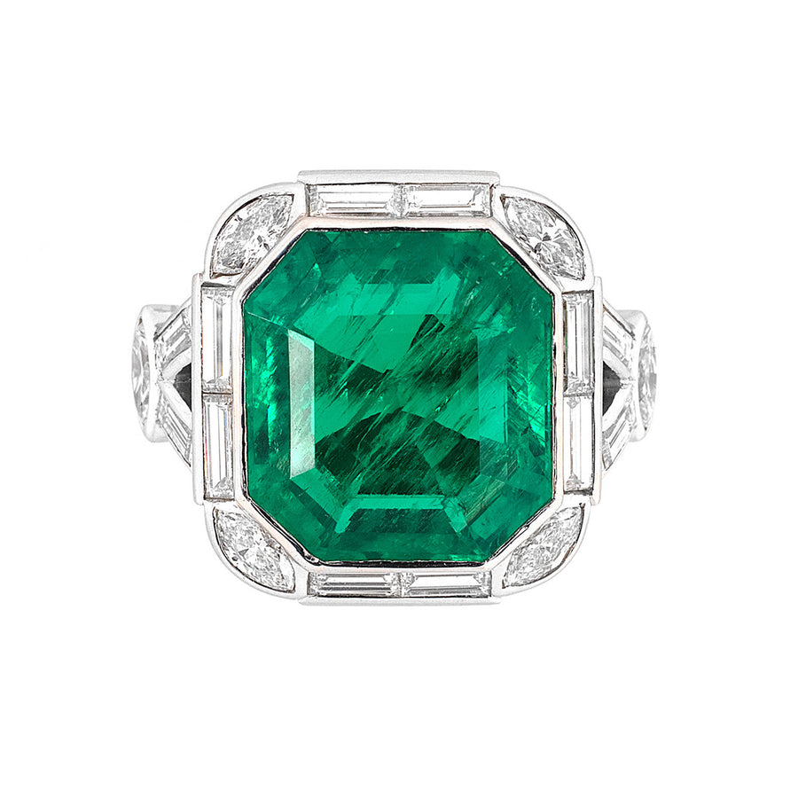 Mid-Century Emerald-cut Emerald and Diamond Halo Ring