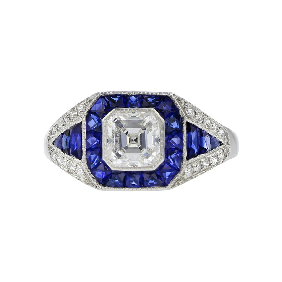 Platinum Asscher Diamond and Sapphire Halo Ring