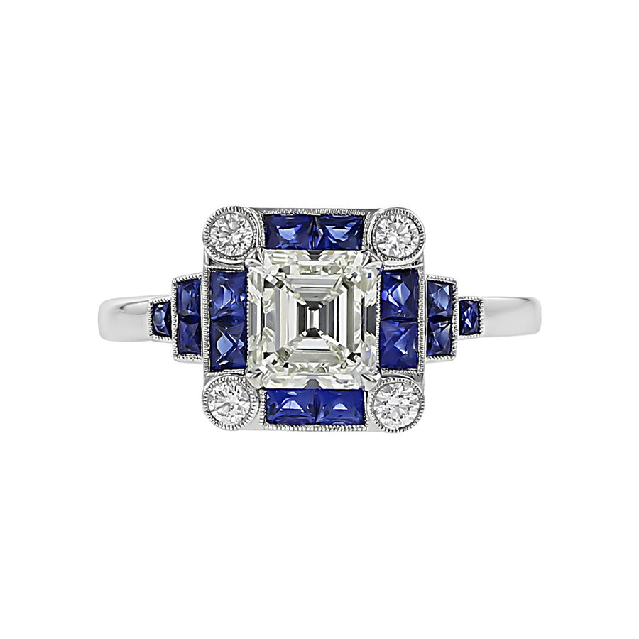 Platinum Emerald-cut Diamond and Sapphire Ring