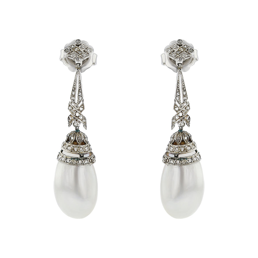 Edwardian Natural Pearl and Diamond Drop Earrings