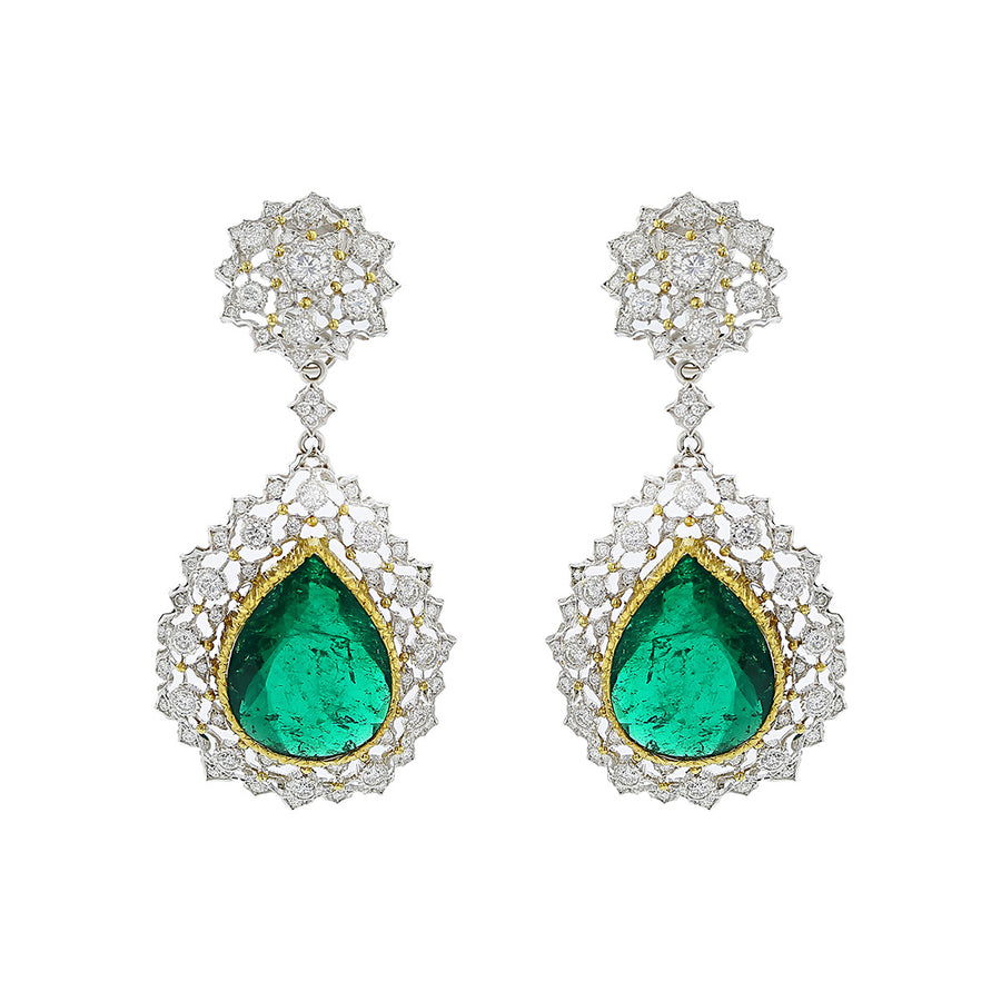 Buccellati Emerald and Diamond Halo Drop Earrings