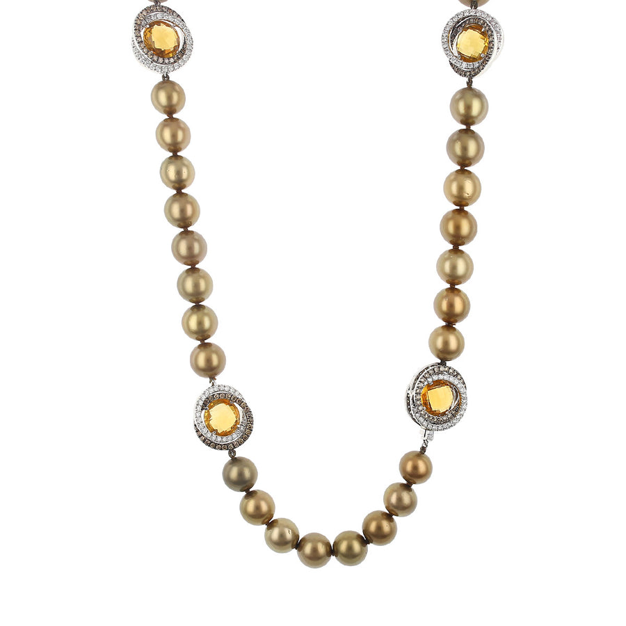 Yvel 18K Gold Diamond, Citrine and Brown Pearl Necklace