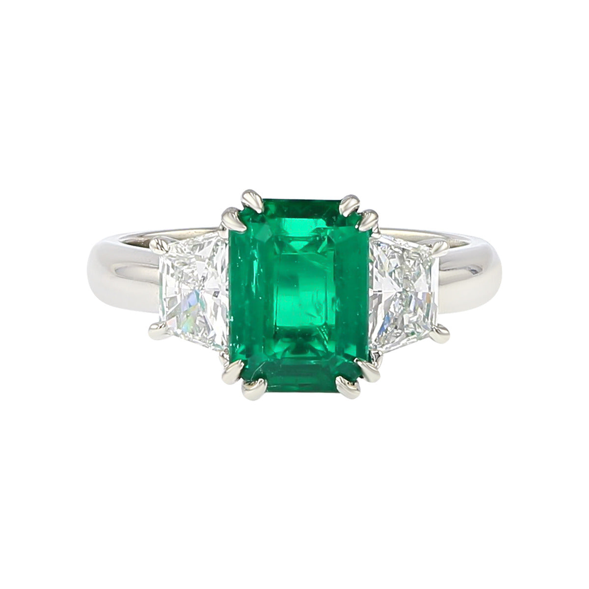 AAA Quality 1.70 Carat Emerald and Diamond Halo Three Stone Ring in Platinum