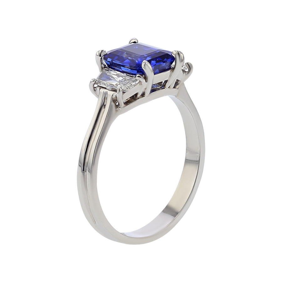 Platinum Emerald-cut Sapphire and Diamond 3-Stone Ring