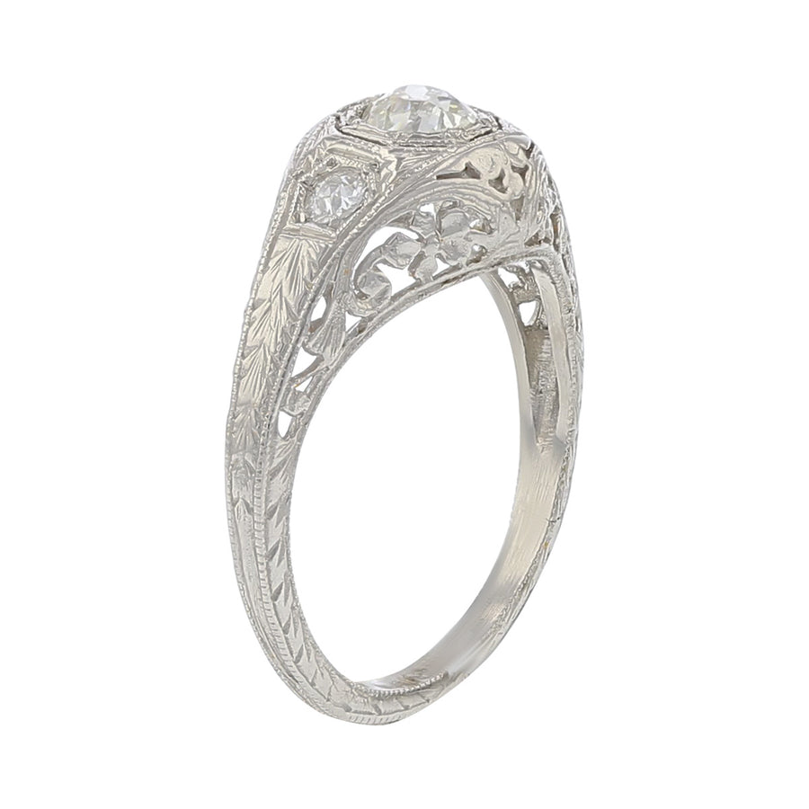 Art Deco Platinum Old Mine Cut Diamond 3-Stone Ring