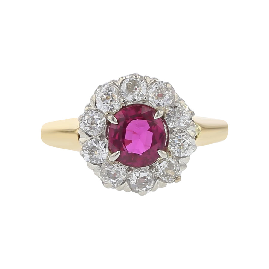 Edwardian Ruby and Diamond Halo Ring in Platinum and 18K Yellow Gold