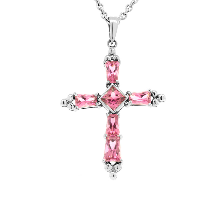 18K Pink Tourmaline Cross Pendant with Chain