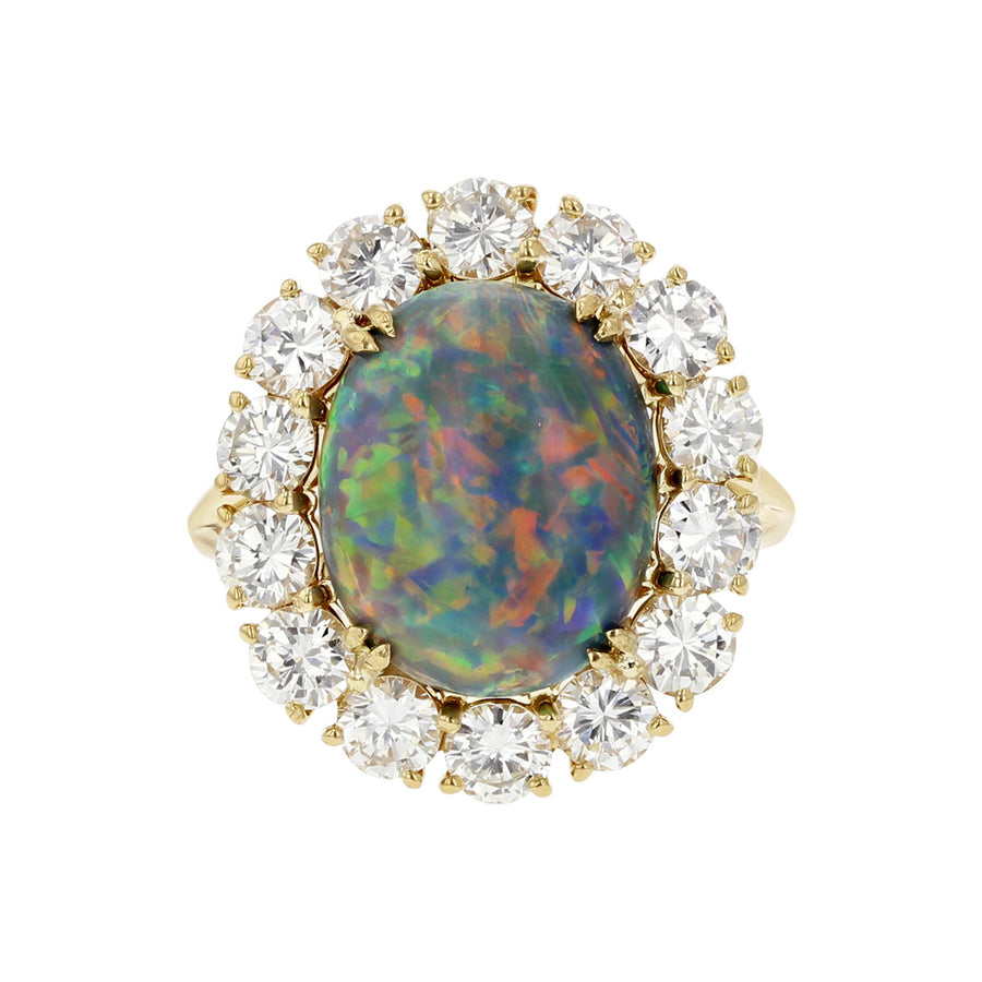 French Provincial Black Opal and Diamond Halo Ring