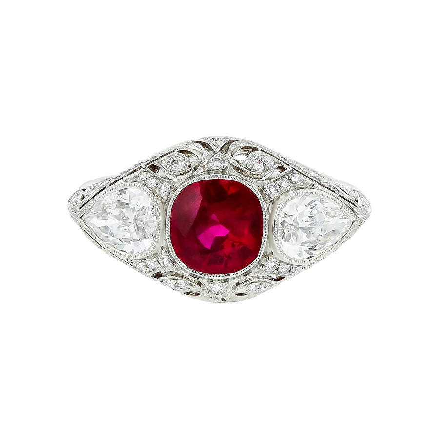 Cushion-Cut Ruby and Diamond Filigree Ring