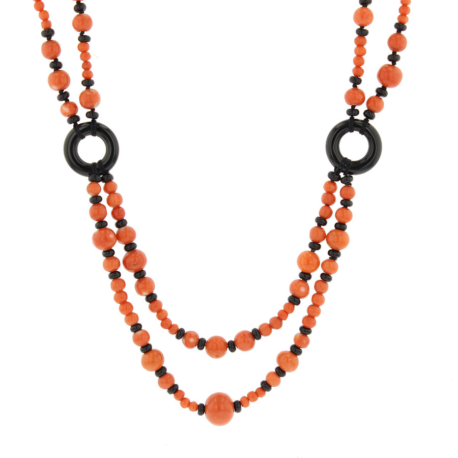 22-Inch Coral Double Strand Necklace with Onyx