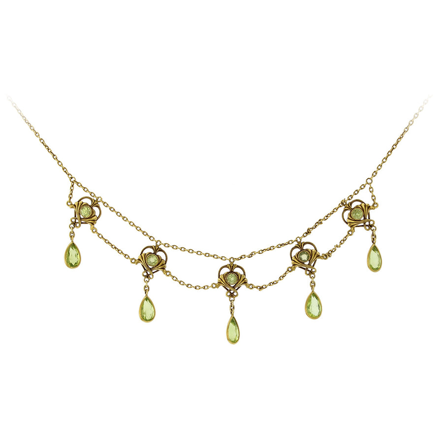 Victorian Yellow Gold Peridot Drop Station Necklace