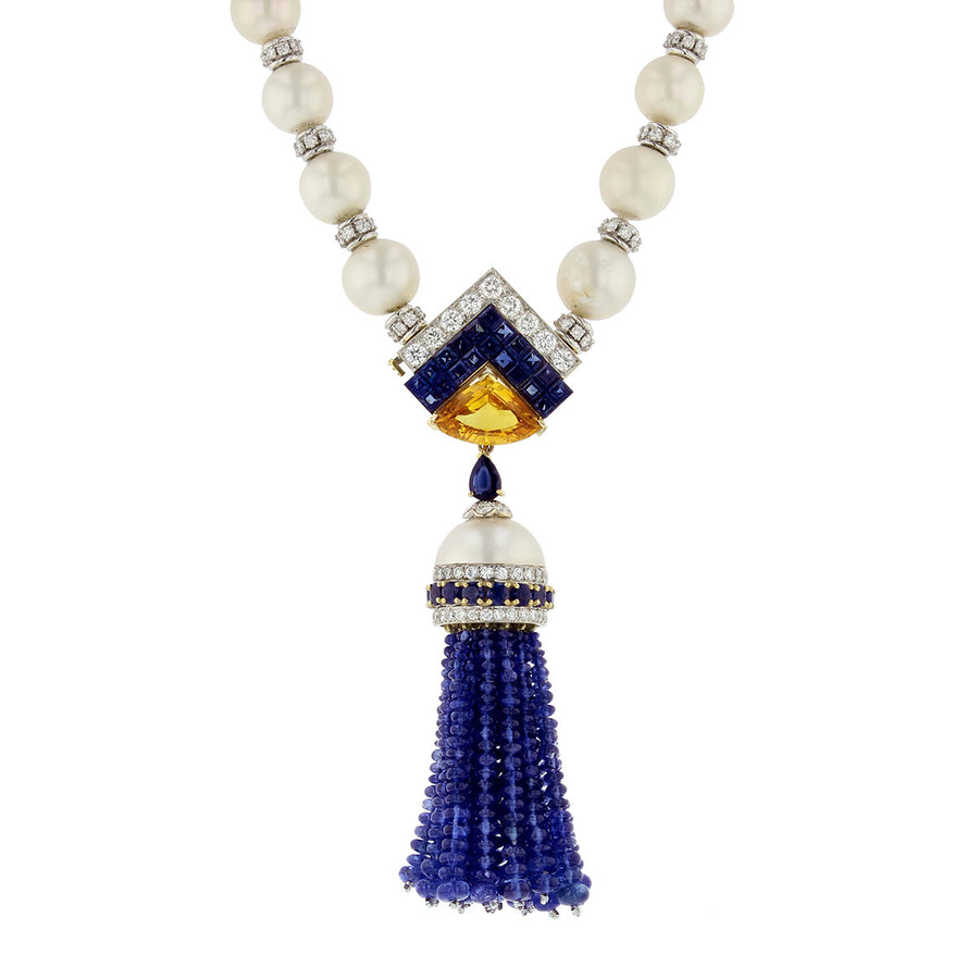 18K Pearl, Sapphire and Diamond Tassel Necklace