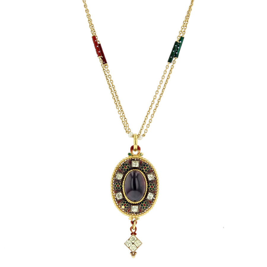 18K Garnet Pendant with Diamond and Pearl Accents