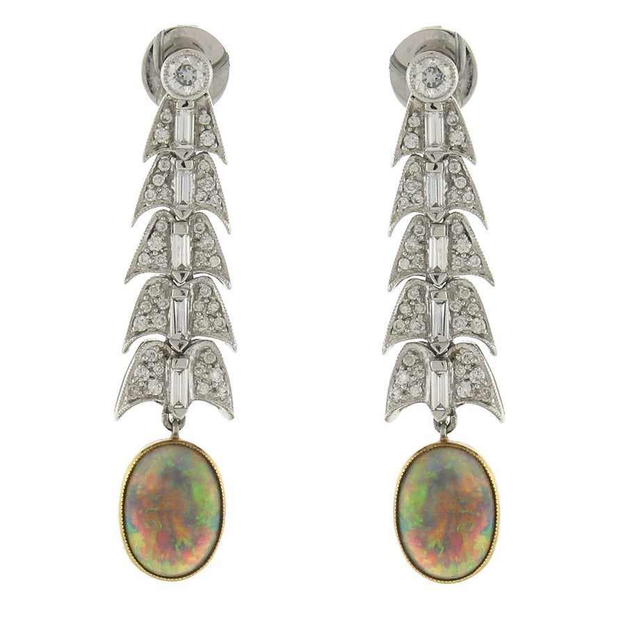 Opal and Diamond Dangle Earrings in Platinum and Gold
