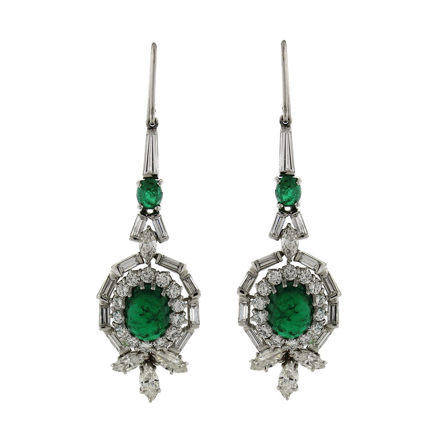 Platinum Cabochon Emerald and Diamond Drop Earrings