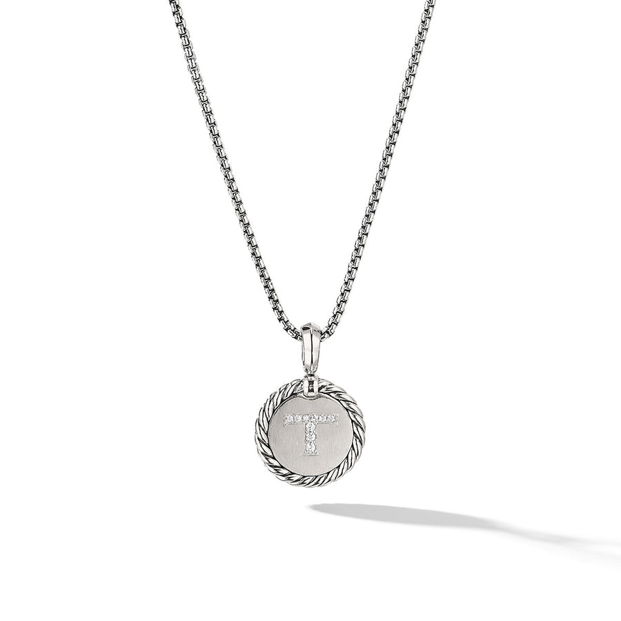 T Initial Charm Necklace in Sterling Silver with Pave Diamonds