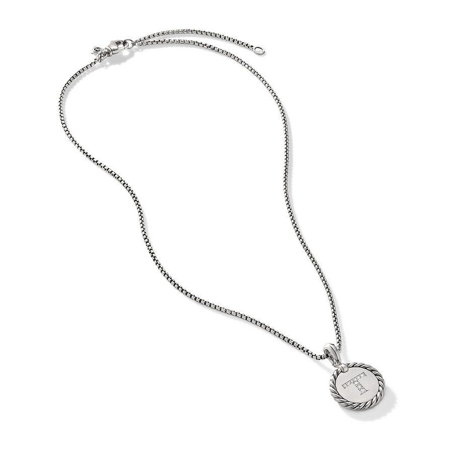 T Initial Charm Necklace in Sterling Silver with Pave Diamonds
