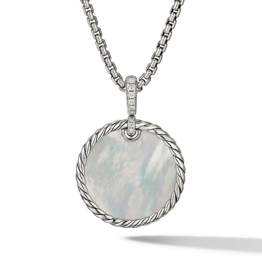 Disc Pendant in Sterling Silver with Turquoise Reversible to Mother of Pearl and Pave Diamonds