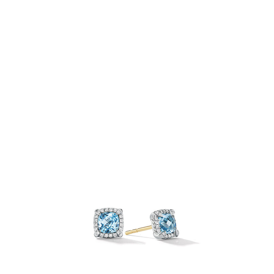 Pave Bezel Stud Earrings with Blue Topaz and Diamonds
