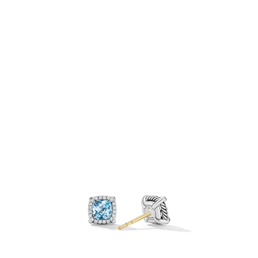 Pave Bezel Stud Earrings with Blue Topaz and Diamonds