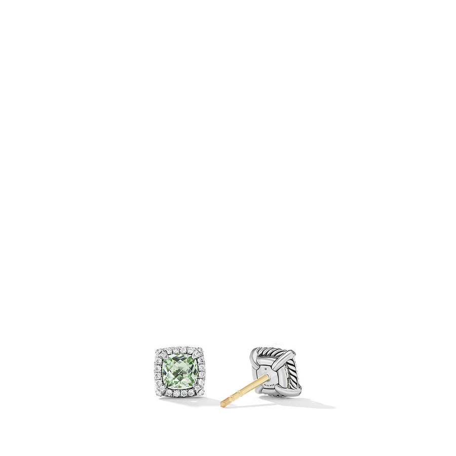 Pave Bezel Stud Earrings with Prasiolite and Diamonds