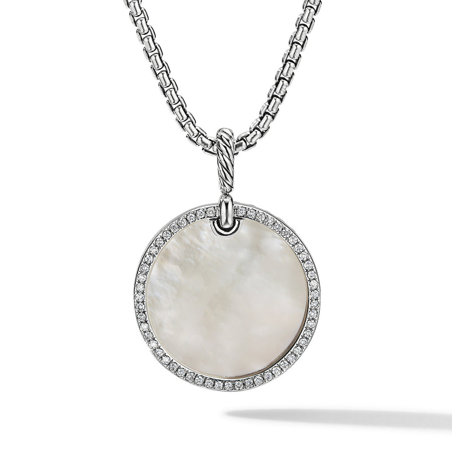 Disc Pendant in Sterling Silver with Mother of Pearl and Pave Diamond Rim