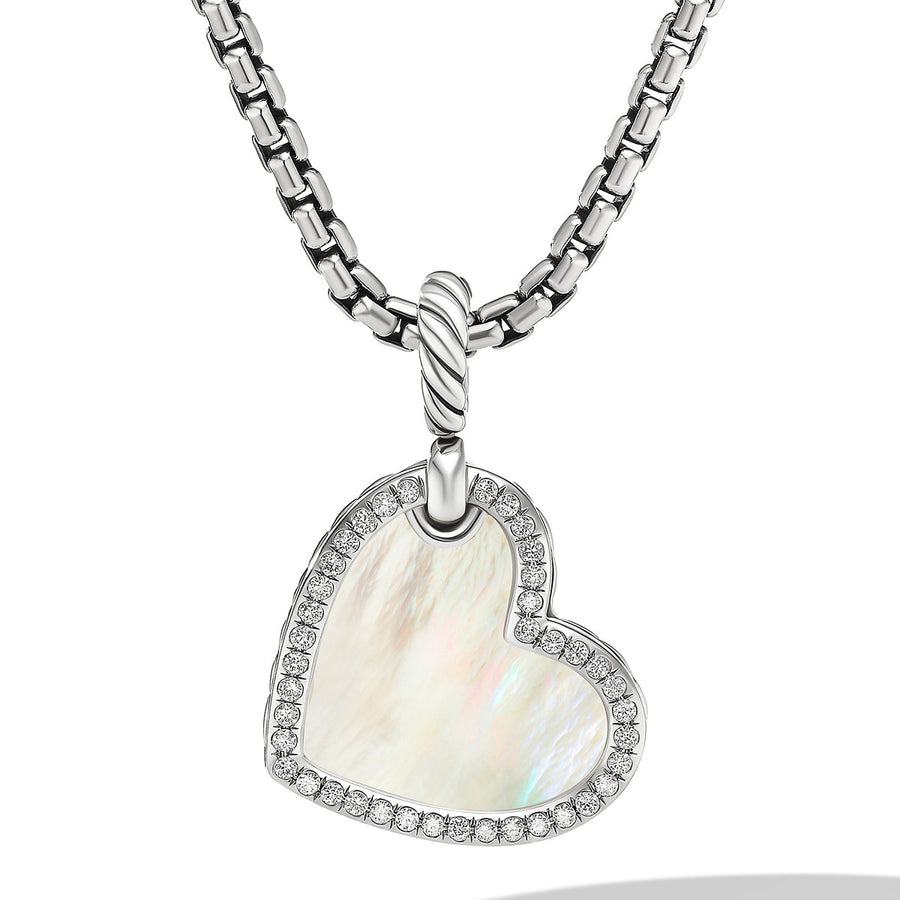 Heart Amulet in Sterling Silver with Mother of Pearl and Pave Diamonds