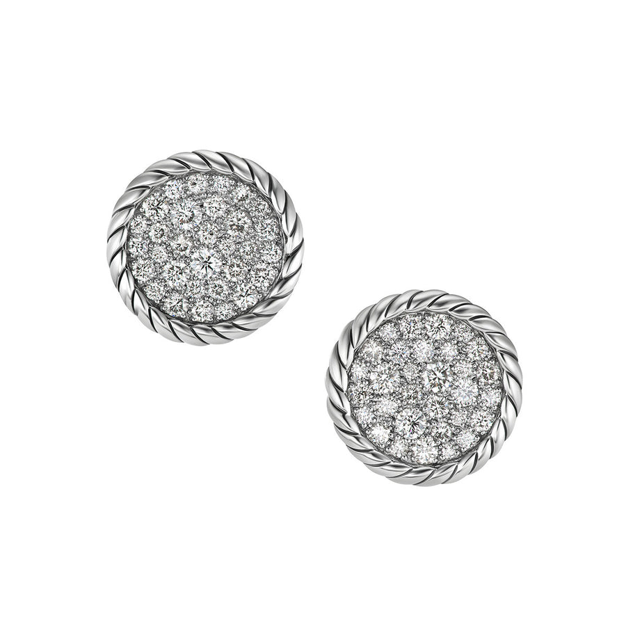 DY Elements Button Stud Earrings in Sterling Silver with Pave Diamonds