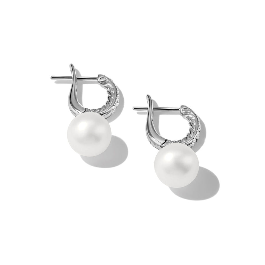 Pearl and Pave Drop Earrings in Sterling Silver with Diamonds