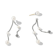 Pearl and Pave Two Row Drop Earrings in Sterling Silver with Diamonds