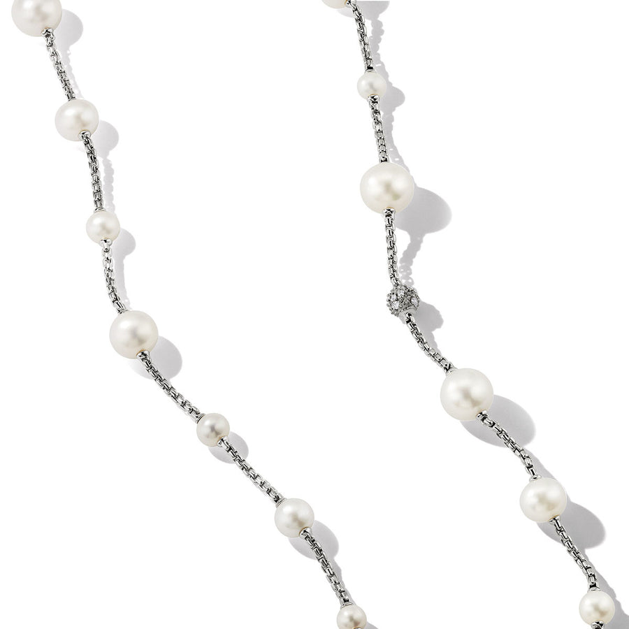 Pearl and Pave Station Necklace in Sterling Silver with Diamonds
