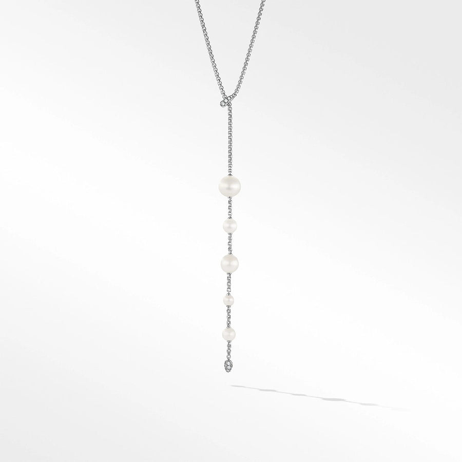 Pearl and Pave Y Necklace in Sterling Silver with Diamonds