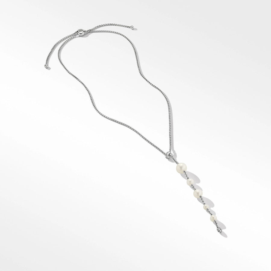 Pearl and Pave Y Necklace in Sterling Silver with Diamonds
