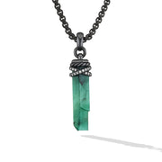 Wrapped Emerald Crystal Amulet with Blackened Silver and Pave Diamonds